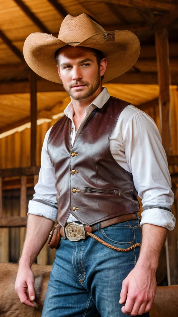 A sexy cowboy,in a horse barn, wearing cowboy hat and costume, looking at the camera seductively, bookeh, , rowdy, leather, detailed features, masterpiece, posing, cinematic, looks like a still shot from a western Film , (detailed handsome face), best quality photo, 16 k resolution, realistic photo