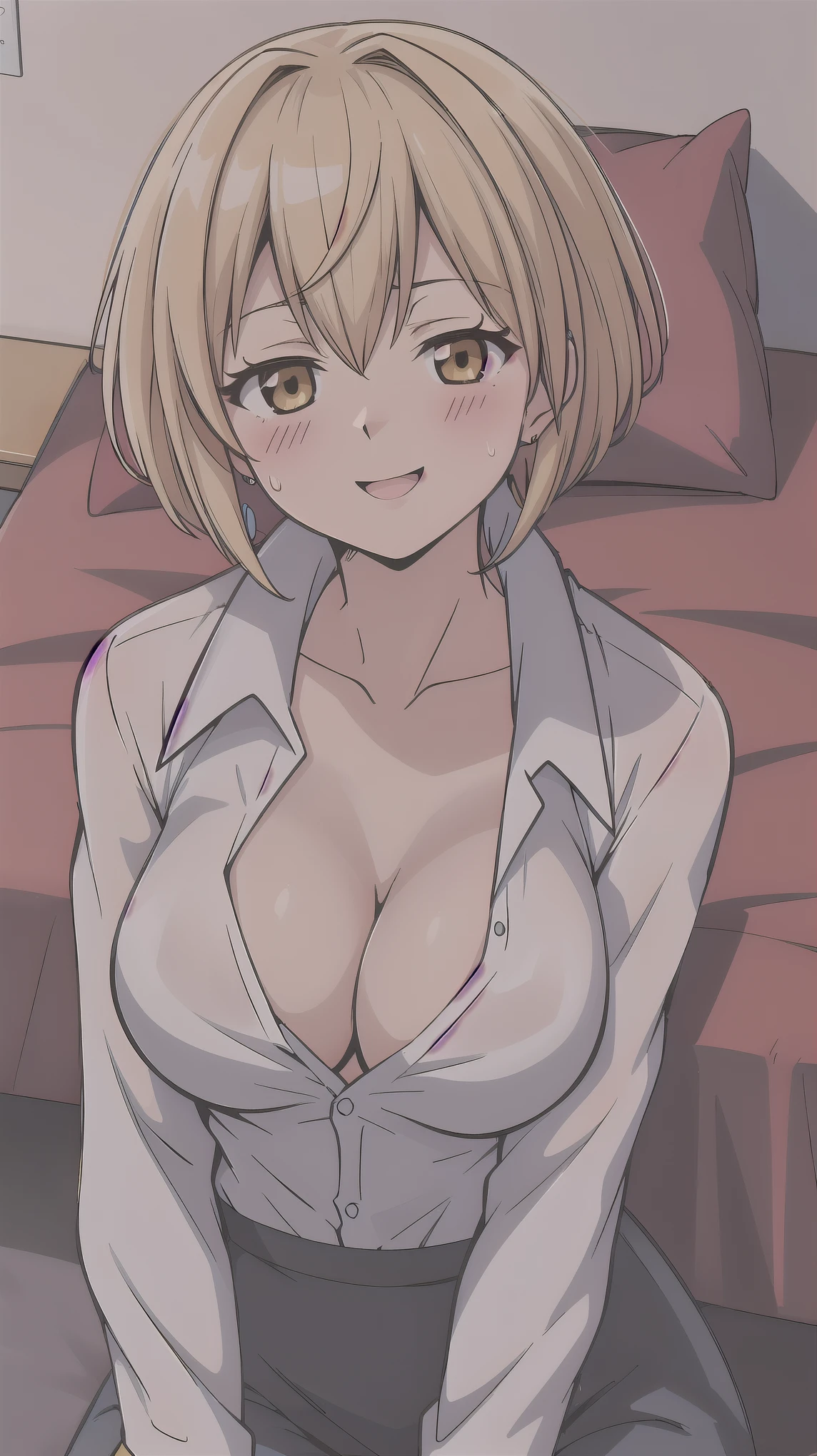 （（super high quality,））（（Ultra-high resolution,））（16K,）（super masterpiece,）（（Ultra HD ,））（Detailed shading,）One sexy office lady,Cleavage,popped Tight collar White shirts,Lower body naked,smile,blush,Lying in bed,Sweaty,