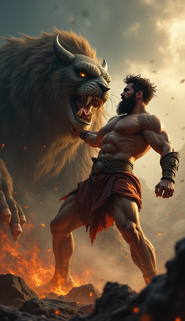 a mythological male figure, Heracles, defeating a creature, highly detailed, intricate, cinematic, dramatic lighting, epic, digital painting, 8K, photorealistic, (best quality,4k,8k,highres,masterpiece:1.2),ultra-detailed,(realistic,photorealistic,photo-realistic:1.37),dramatic pose,muscular body,heroic expression,powerful,intense battle scene,mythological background,dramatic lighting,cinematic composition,rich color palette