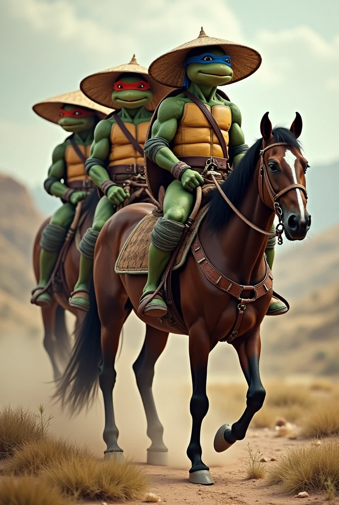 The four ninja turtles wearing straw hats on top of the horse in the backlands