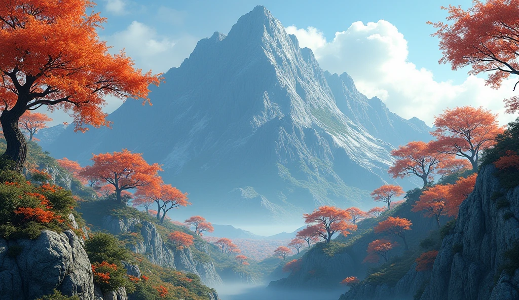 Front view，There is a mountain，There are many ash trees growing on the mountain.，The yew tree bears fruits similar to persimmons（best quality，4K，8k，High level，masterpiece：1.2），Ultra Detailed，（lifelike，Photo real，Photo real：1.37）