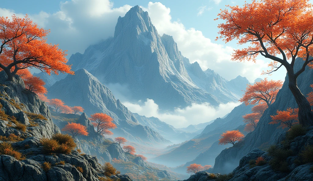 Front view,There is a mountain,There are many ash trees growing on the mountain.,The yew tree bears fruits similar to persimmons(best quality,4K,8k,High level,masterpiece:1.2),Ultra Detailed,(lifelike,Photo real,Photo real:1.37)