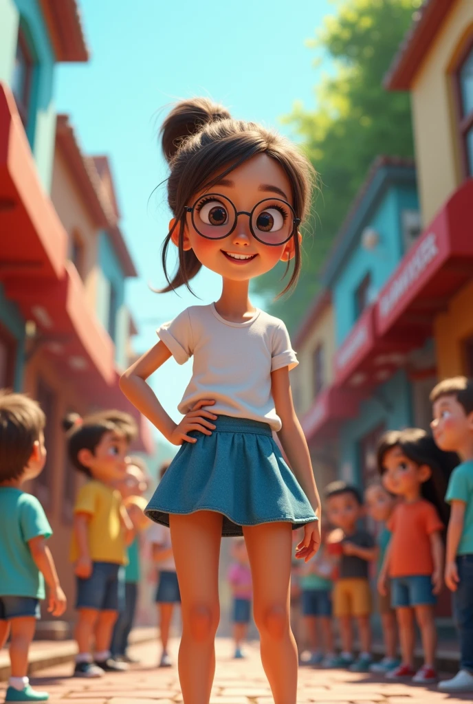 A town young big girl wearing specs and tied hair in a ponytail wearing white tshirt and blue mini skirt. Her classmates see her in amazed faces