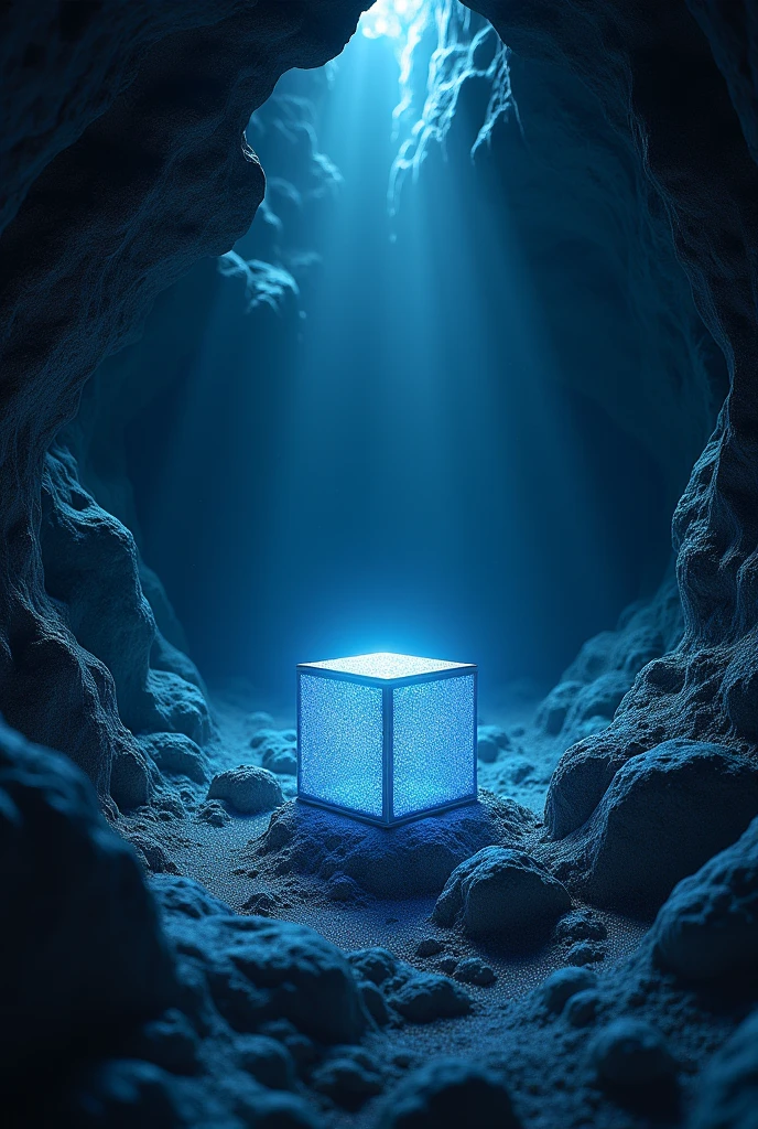 A manually manipulated image of a dark cavern with a glowing box. The cavern should have some glitter on the walls and the predominant color should be blue.