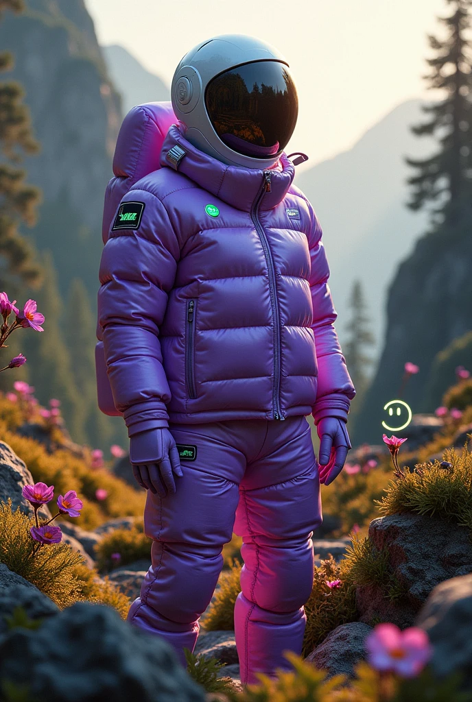 Create a hyper-realistic image that highlights a chunky puffer jacket in a metallic purple hue, with soft sheen that enhances the quilted texture. The jacket should display the Nike logo on the right shoulder and The North Face logo on the left side of the chest, as well as small neon symbols such as a green smiley and a stylized target sight.
Setting: Place the jacket in a natural environment with a dense and shady forest, surrounded by rocks and towering mountains in the background. Include areas of swiddens and vibrant colorful flowers scattered around, creating a fusion between the vegetation and the rocky environment.
Additional Detail: Include an astronaut in the scenery, in a contemplative pose or interacting with the natural environment. The astronaut must be dressed in a realistic spacesuit, contrasting with the modern jacket and the surrounding environment.
Lighting: Lighting should be soft, highlighting the details of the jacket and the astronaut with rays of light filtered through the trees and illuminating