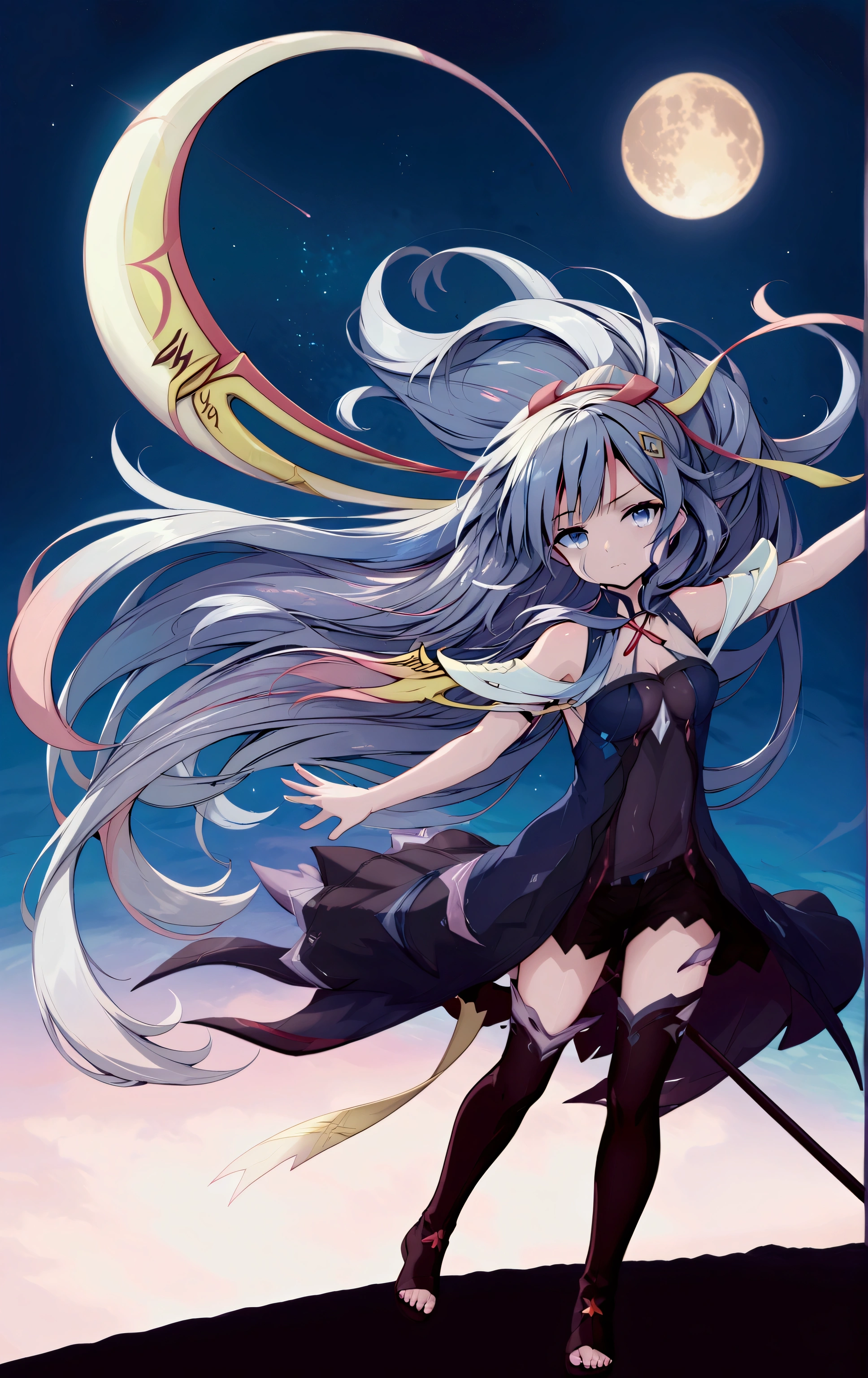 Human girl, Clothed, long red ribbon in hair, silver hair, holding gold scythe with symbols enscribed in it and a medium crecent moon shaped blade, distant expression on face, hair flowing in the wind, moon light shining in distance, Sky full of detailed stars and some shooting stars.
