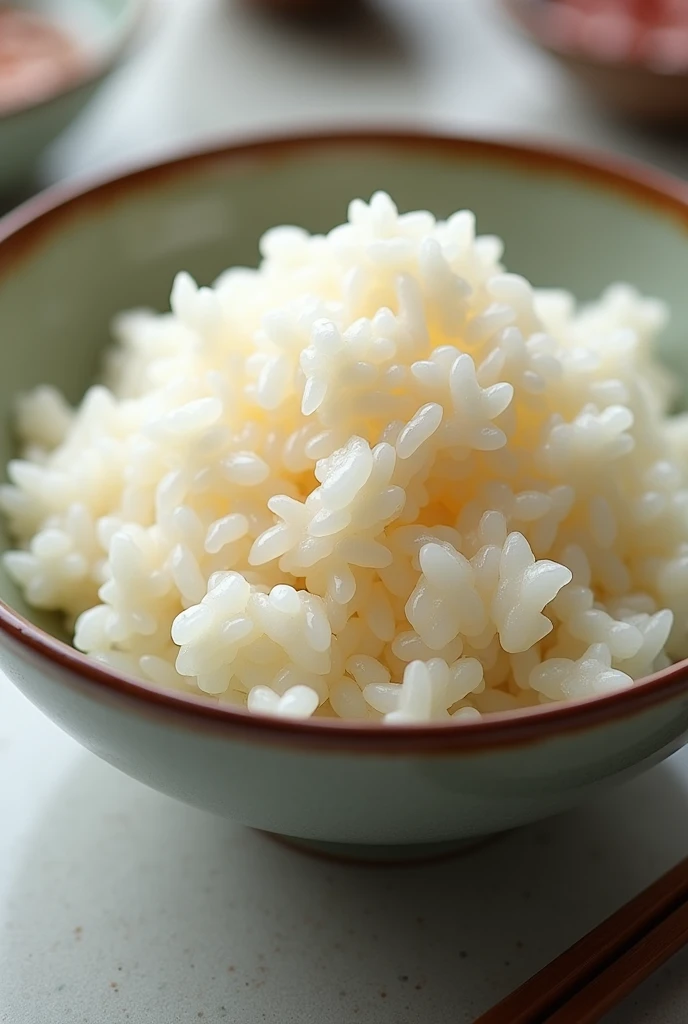 Create an image of a bowl of delicious, fluffy rice. The rice should look perfectly cooked, with each grain distinct and glossy. The bowl should be elegant and clean, showcasing the rice's texture and appealing color. Include a simple background that enhances the focus on the rice.