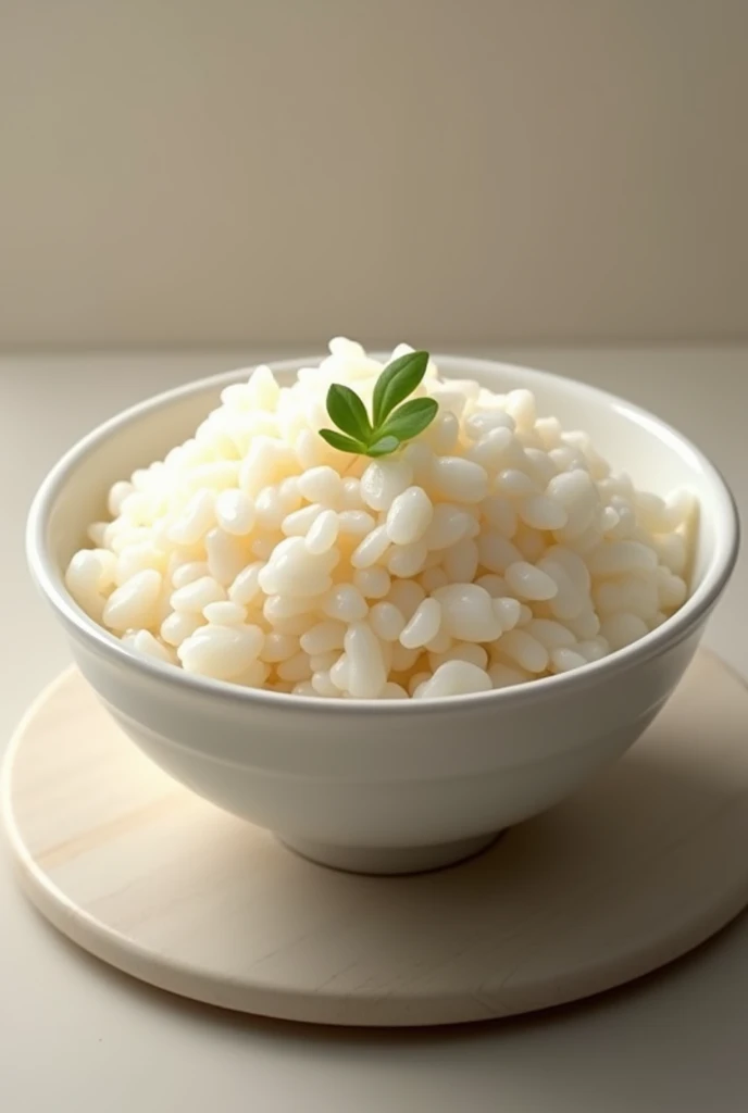 Create an image of a bowl of delicious, fluffy rice. The rice should look perfectly cooked, with each grain distinct and glossy. The bowl should be elegant and clean, showcasing the rice's texture and appealing color. Include a simple background that enhances the focus on the rice.