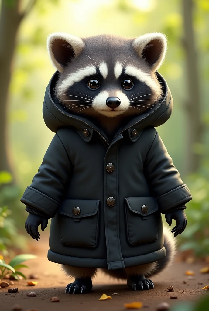 A cute baby raccoon in a black dress parka