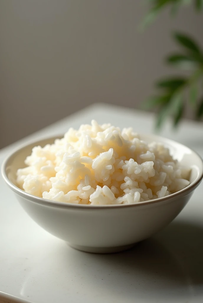Create an image of a bowl of delicious, fluffy rice. The rice should look perfectly cooked, with each grain distinct and glossy. The bowl should be elegant and clean, showcasing the rice's texture and appealing color. Include a simple background that enhances the focus on the rice.