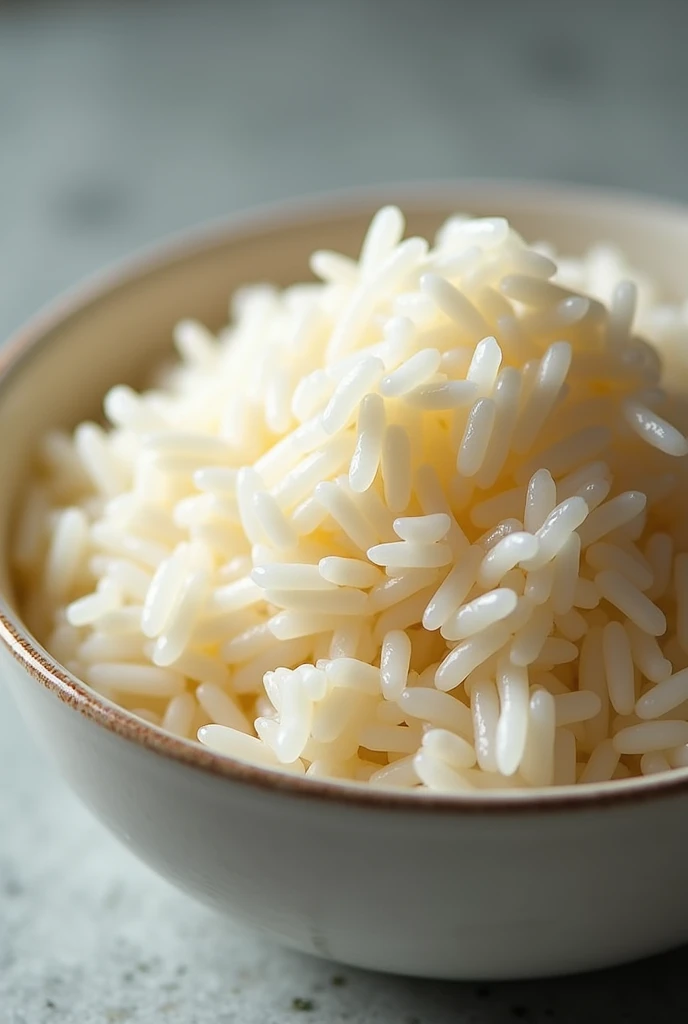 Create an image of a bowl of delicious, fluffy rice. The rice should look perfectly cooked, with each grain distinct and glossy. The bowl should be elegant and clean, showcasing the rice's texture and appealing color. Include a simple background that enhances the focus on the rice.