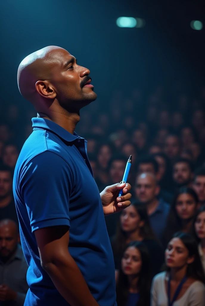 one men (brazileiro) thin, dark, bald man with a thin mustache wearing a blue polo shirt holding a blue pen singing at a concert where everyone is crying because of the beautiful song of the blue pen