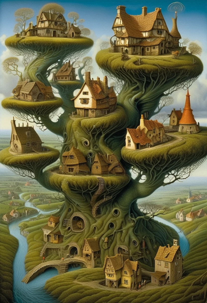 Gnarled branches Wide fairytown wonky shire spiraling villages , by Jacek Yerka , Woodroffe, Pranckevicius, Alexander Jansson