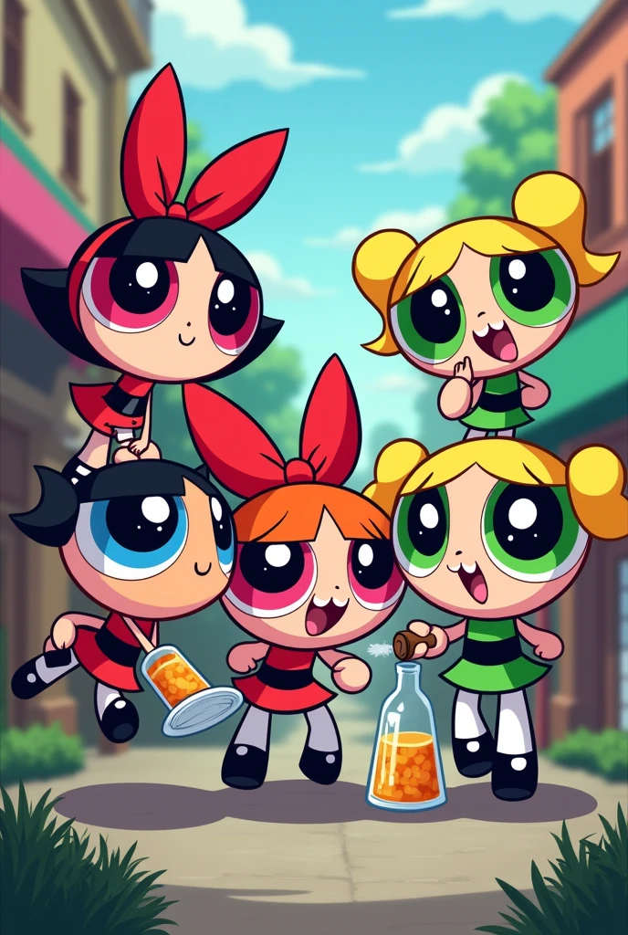 to the powerpuff girls characters, that acorn is holding a bottle of alcohol and bonbon with bubble cigar
