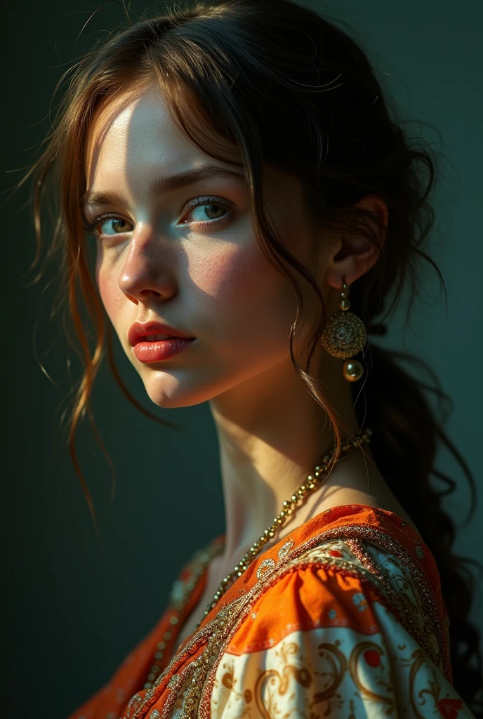 (positive approach, Photo original), portrait, foreground, (en la darkness:1.1), Surreal female portrait David Hockney and Alphonse Mucha, Fantasy Art, 1 girl, Using gorgeous skin with realistic photo, dynamic lighting, art station, poster, volume lighting, very detailed faces, 4k, Awards call, darkness, underrated, (Official Suit: 1.4, Gorgeous Skins, intricate costumes, Skins), looking to the camera, bust shot, ((realistic face))),