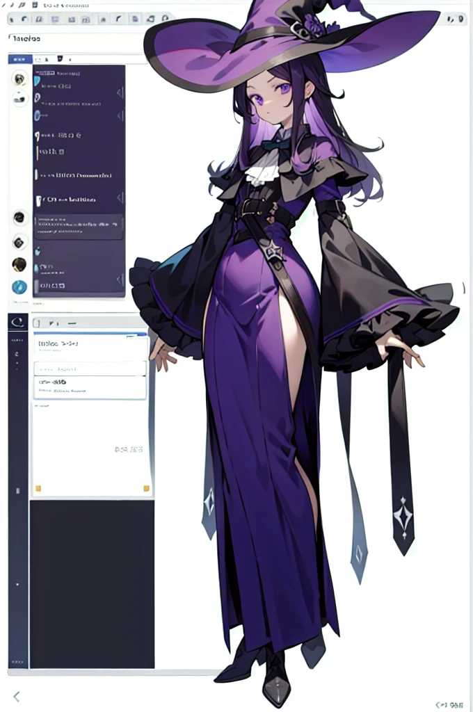 （tmasterpiece，best qualtiy）A detaile People table，Character sheet,（The same person，Does not cover the head, Witch hat，wearing black top, many parts），long dark purple color hair, purple eyes, be full of details，full body image, The arms are unobstructed，Draw all five fingers, (ultra-detailed, highres:1.0),