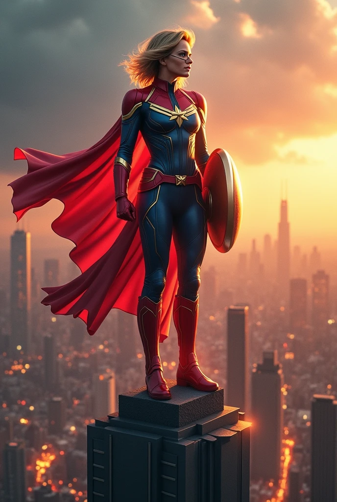 Multiverse image of Captain Marvel on top of the building with the mask on his face and shield in his hand