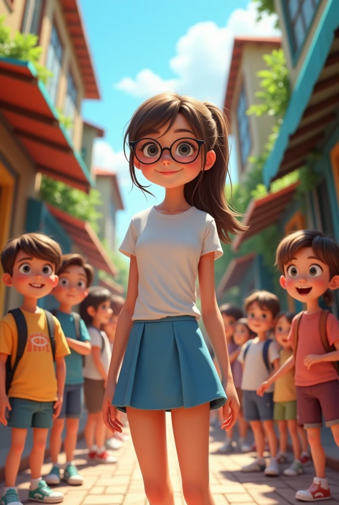 A town young big girl wearing specs and tied hair in a ponytail wearing white tshirt and blue mini skirt. Her classmates see her in amazed faces