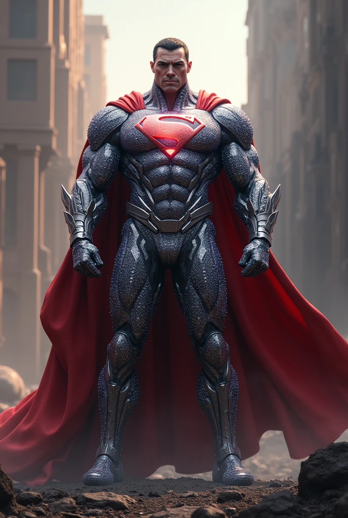A robust and muscular superhero who wears a cape and diamond armor.