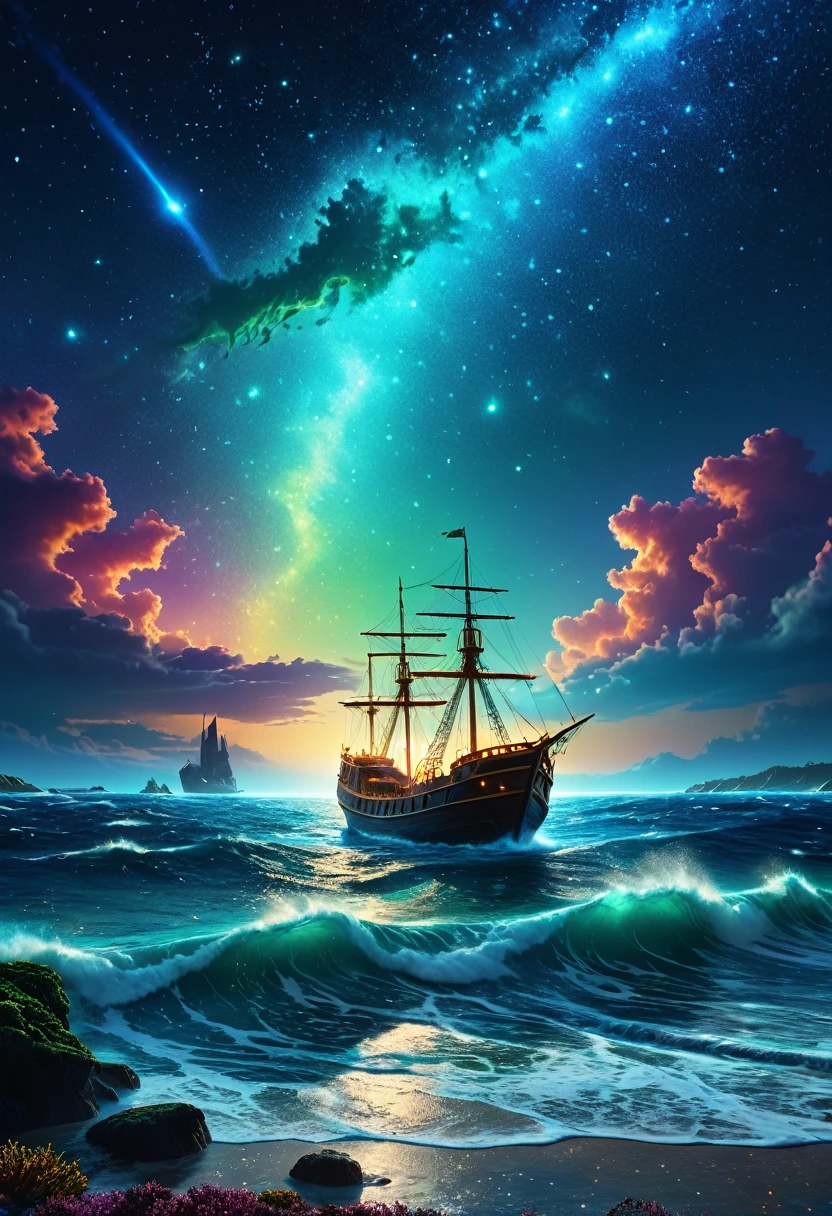 a beautiful day colorfull sky full of glowing stars, a glimmering sea with crashing waves, bioluminescent plankton, a lone wild ship in the distance, fantasy, surreal, dreamlike, dramatic shadows, (best quality,4k,8k,highres,masterpiece:1.2),ultra-detailed,(realistic,photorealistic,photo-realistic:1.37),fantasy landscape,dramatic lighting,vibrant colors,ethereal,atmospheric