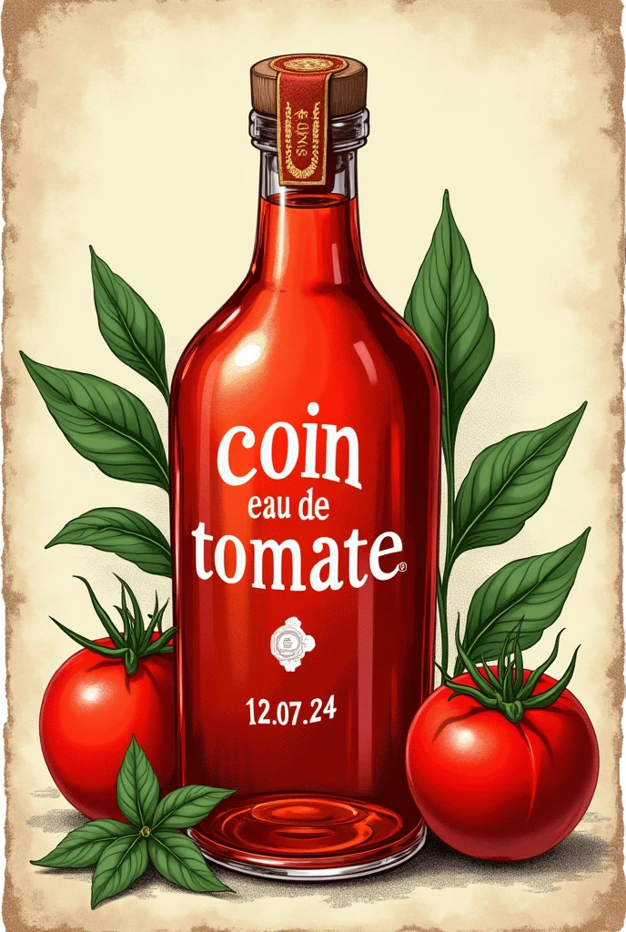 Image illustrations, vintage, d’une bouteille en Crystal, transparent rouge, inscrit sur le flacon « Coin Coin Lovers » et « Eau de Tomate » et « 12.07.24 » en arrière plan des tomates et du basilic.