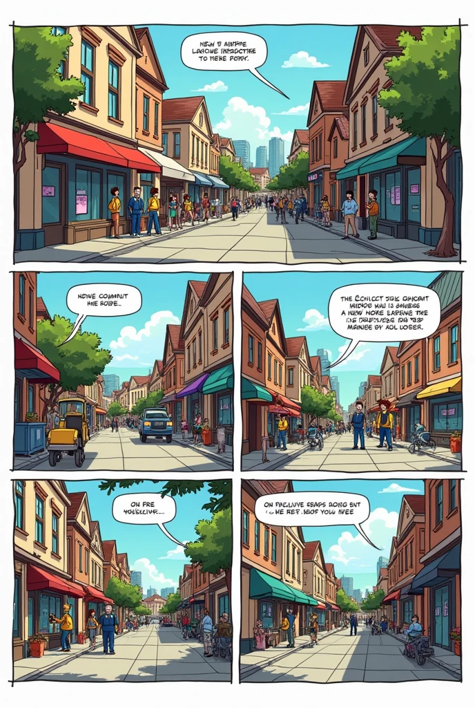 Create a comic strip with six panels about tax collection generating benefits for a municipality