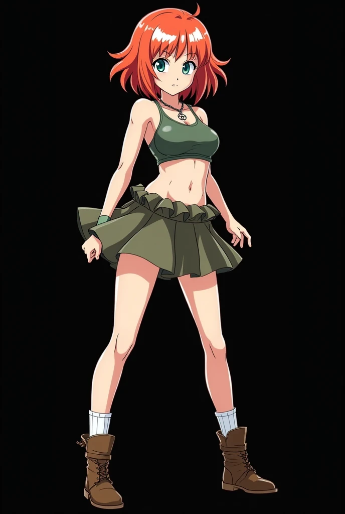A full body image of an 1 girl named Hana Watanabe, personagem do anime "dragonball z", she is very beautiful, with medium length straight fire-colored hair with two white highlights in the front, framing your face. She has blue-green eyes and pale skin.. she is a Wiccan, she is in fighting pose. she wears a pentagram necklace, um croped, overskirt, ¾ socks and women's ankle boots. It is drawn with Akira Toryama's animation. black backdrop.