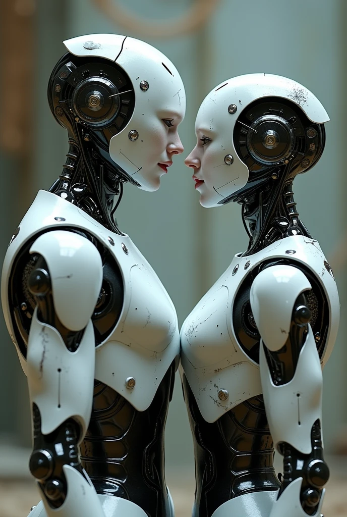: Two robots, one male and one female, stand in a close-up side profile, facing each other. Their entire shapes and chests are composed of electrical panels connected by threads. Some panels are missing on both robots, revealing sophisticated circuits and control service motors for their eyes and parts of their mouths. The surface of each robot is slightly marked by war, with scratches and cracks that reveal theinner fragility. Their eyes are emotionless, yet hint at repressed feelings. Soft lighting highlights the structure and nuances of their surfaces, while a blurred background emphasizes the intensity of the moment. The scene is depicted in a hyper-realistic style with a cinematic feel, capturing the vulnerability and power of their emotions.