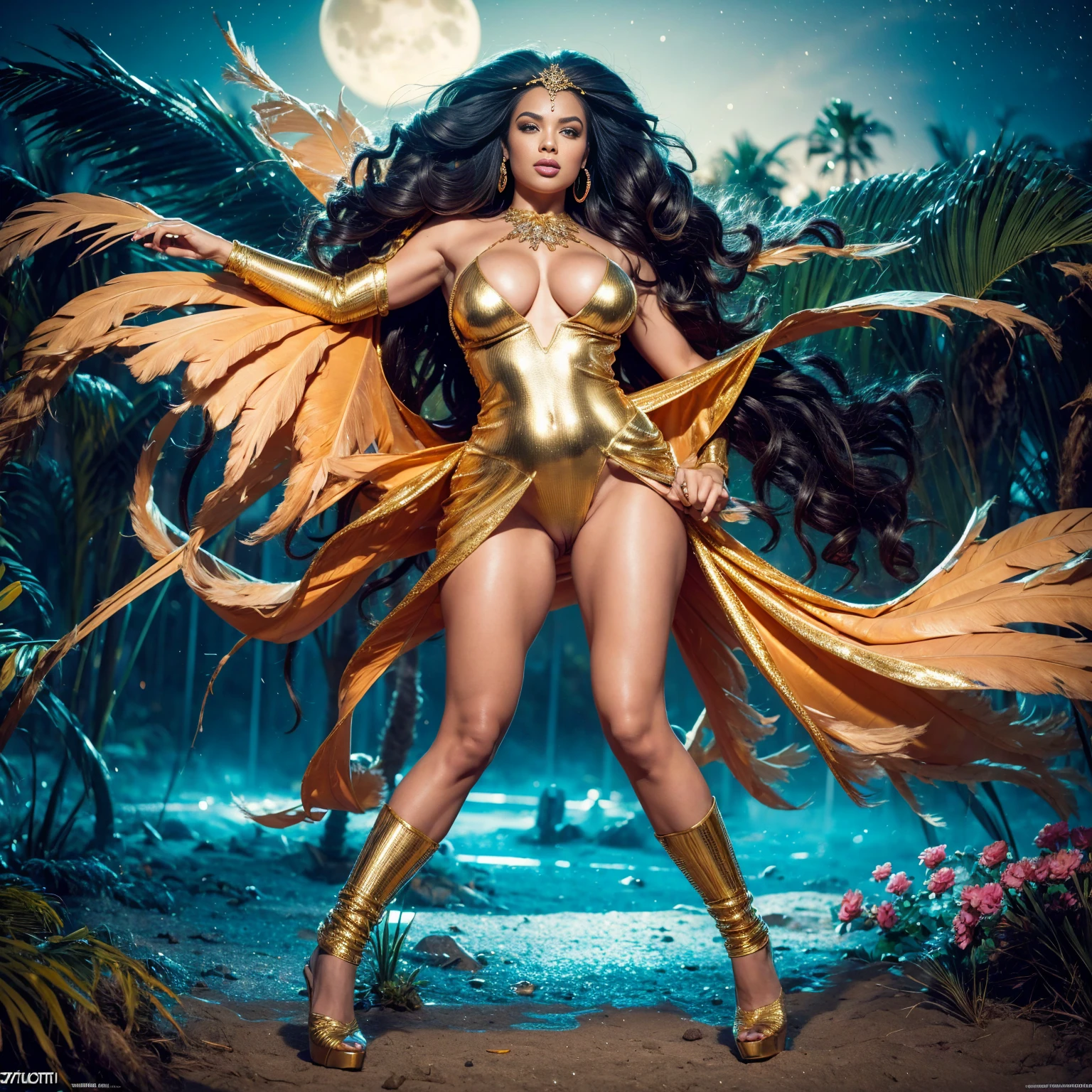 Fantasy setting, Naked woman dynamic pose, bright lights, night scene, naked women, rio cranival style, gold metal jewelry on whole body, by Dan Piraro, nude body, carnival nude costume, (wearing Nude dance dress:1.2), exotic feather costume, carnival parade, outdoor, street background, night sky, romantic and seductive, moonlight, wide angle photo of a Maya Ali, 30 yo, vivacious, beautiful legs, mature body, thick thighs, realistic body parts, cheeks, curvy, big breasts, Hollywood lips, long hair, look at viewer and smile, pleasant mood, calm color palette, vibrant colors, unified 16k wallpaper, ultra realistic, intricate details, masterpiece, (cinematic:1.3), (ArtStation:1.2)