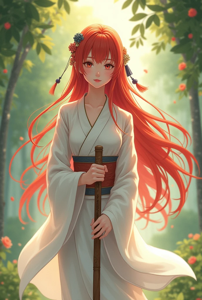 A beautiful red-haired girl carrying a wooden staff, anime styling, wearing a white kimono