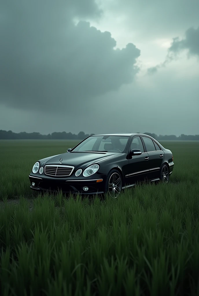 Black Mercedes w212 2004 model, ucsuz bucaksiz long grass, kotu siyah bulutlu hava, long grass