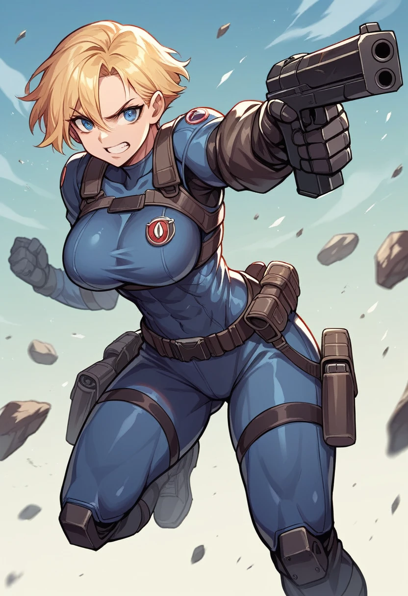 Woman in tight tactical superheroe suit black and pink. Very Large breasts. Atlhetic muscular action heroine. Fighting the crime. Slim young and very pretty. Hard woman. Blonde. Short hair. Intense and big blue eyes. Armed with very big guns. She is running for her life. Enemies are firing like hell. Combat situatuon. Robots kil