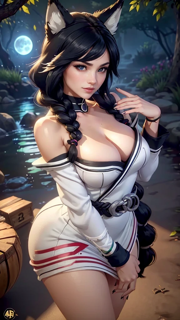 Ahri da league of legends,(best qualityer,4K,8k,high resolution, work of art:1.2)(weather: moonlight), Japanese female, spirit forest pond background, red and white long sleeve korean kimono dress, cleavage, spirit sphere, cute makeup, thigh high boots, belt, long black and white hair, braided hair, fox ears, multiple fox tails, ultra detailed, realistic, portrait, beautiful detailed green eyes, freckles, beautiful detailed lips, extremely detailed eye and face, beautiful girl, long eyelashes, sexly, average, large breasts, beaming smile, playing, stunning curves, bright coloured, dramatic lighting,