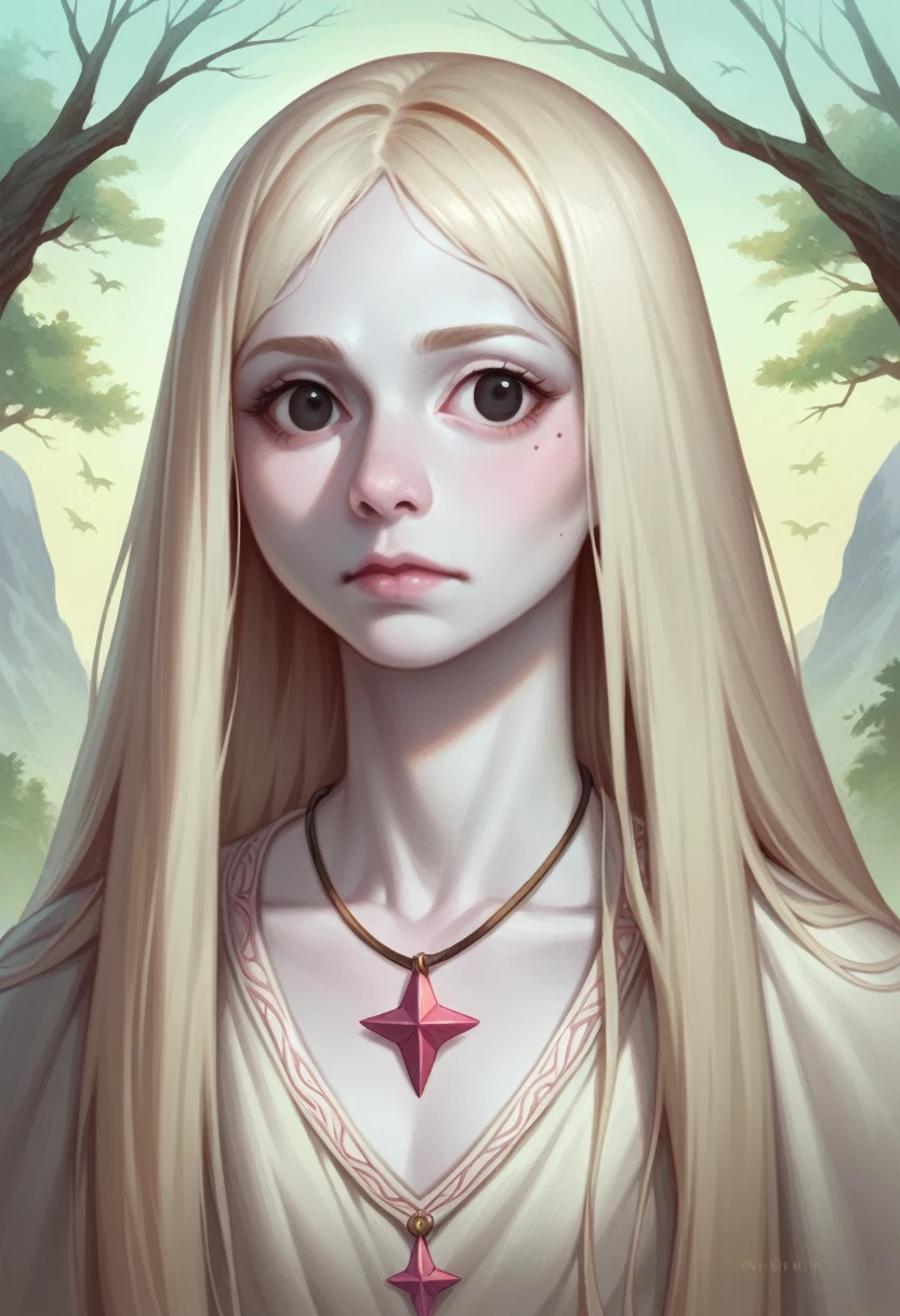 young woman, 2, very long blond hair, straight with bangs, dimpled chin, sunken cheek, caressed jaw, white skin, round black eyes, princess, large nose, mole, pendant with a star, realistic style with shadows and detailed realism, background with trees and mountains, breast 