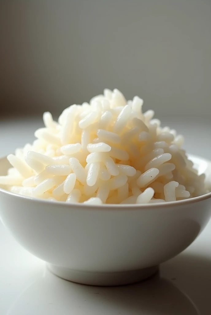 Create an image of a bowl of delicious, fluffy rice. The rice should look perfectly cooked, with each grain distinct and glossy. The bowl should be elegant and clean, showcasing the rice's texture and appealing color. Include a simple background that enhances the focus on the rice.