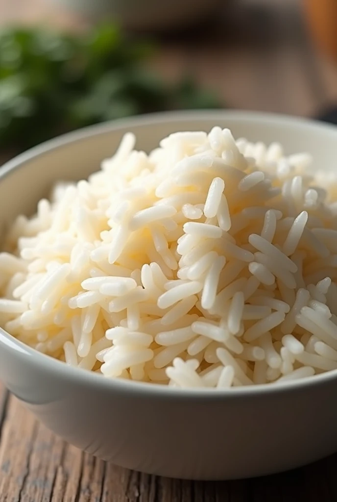 Create an image of a bowl of delicious, fluffy rice. The rice should look perfectly cooked, with each grain distinct and glossy. The bowl should be elegant and clean, showcasing the rice's texture and appealing color. Include a simple background that enhances the focus on the rice.