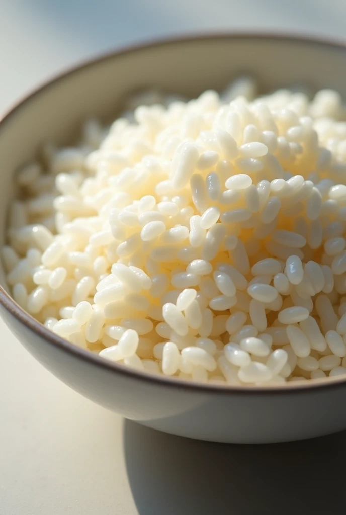 Create an image of a bowl of delicious, fluffy rice. The rice should look perfectly cooked, with each grain distinct and glossy. The bowl should be elegant and clean, showcasing the rice's texture and appealing color. Include a simple background that enhances the focus on the rice.