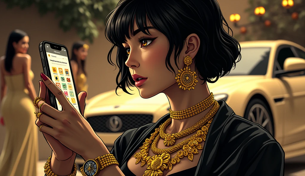 "prompt": "uma pessoa usando colar de ouro, usando relógio de outro, segurando um celular com icones de likes saltando da tela. Ao fundo um carro de luxo e mulheres com joias de ouro. ”, "settings": { "style": "manga", "lighting": "high contrast", "detail_level": "high", "color_scheme": "black and white with bright color focal point", "emphasis": "social media icons and the person's expression", "size": "1280x720" } }