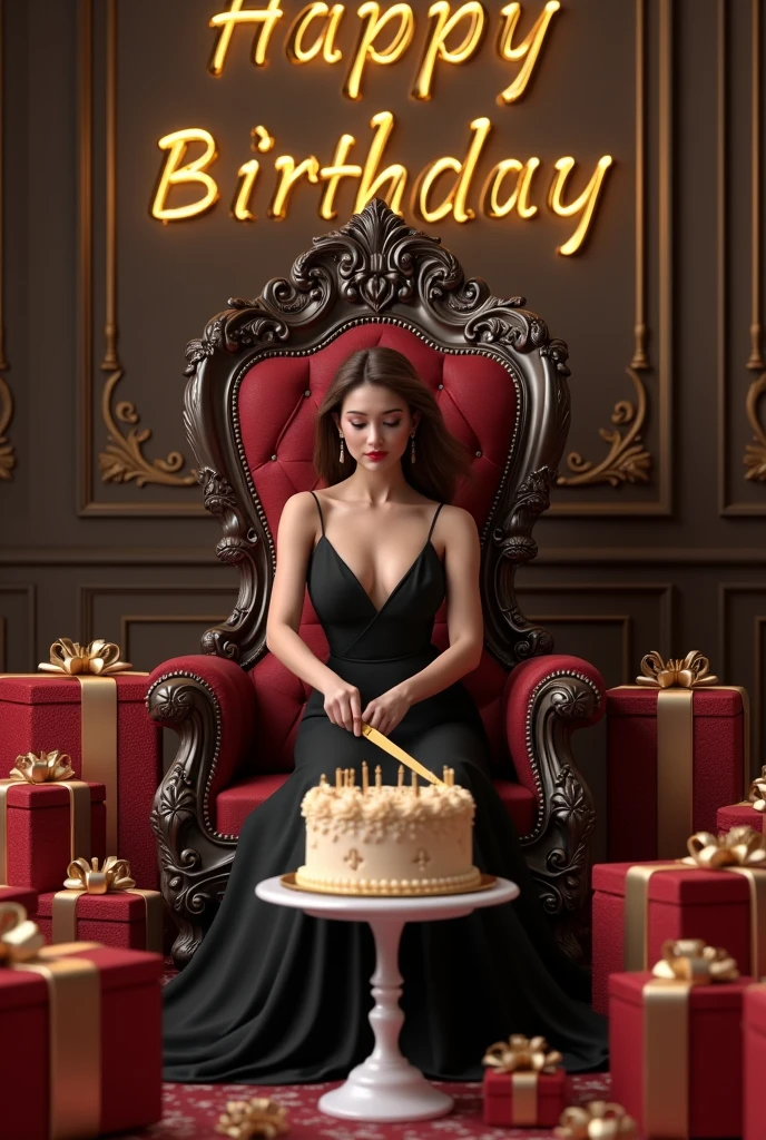 create realistic illusion image of a 24 old girl is sitting on king chair weare black dress and she is cutting birthday cake there are many royal gifts kept to it and happy birthday
MAAN,3d text is written on the wall