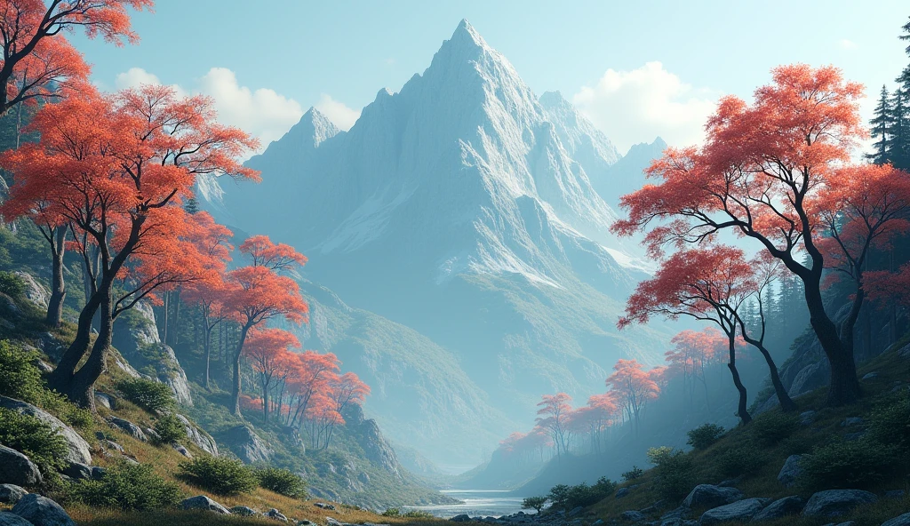 Front view,There is a mountain,There are many ash trees growing on the mountain.,The yew tree has fruits similar to persimmons.(best quality,4K,8k,High level,masterpiece:1.2),Ultra Detailed,(lifelike,Photo real,Photo real:1.37)