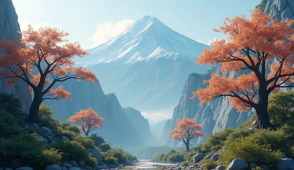 Front view,There is a mountain,There are many ash trees growing on the mountain.,The yew tree has fruits similar to persimmons.(best quality,4K,8k,High level,masterpiece:1.2),Ultra Detailed,(lifelike,Photo real,Photo real:1.37)