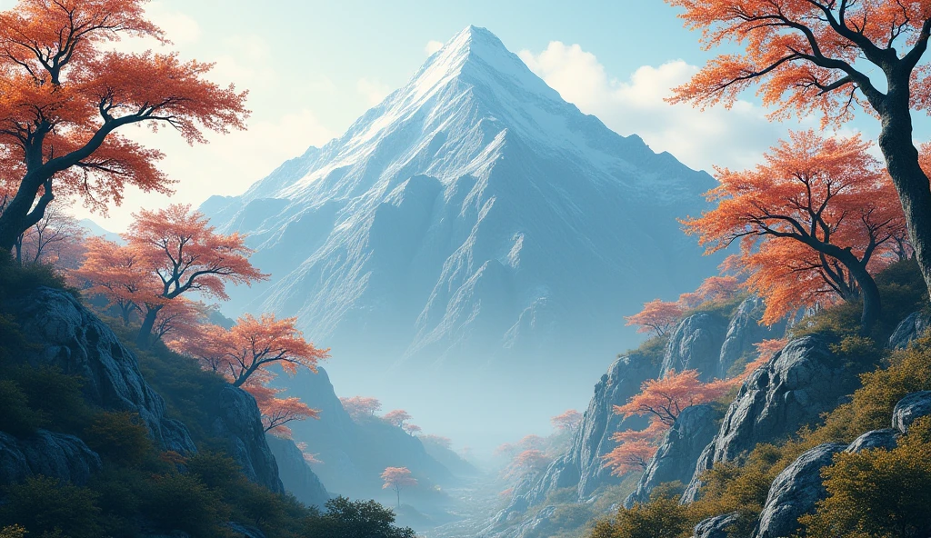 Front view,There is a mountain,There are many ash trees growing on the mountain.,The yew tree has fruits similar to persimmons.(best quality,4K,8k,High level,masterpiece:1.2),Ultra Detailed,(lifelike,Photo real,Photo real:1.37)