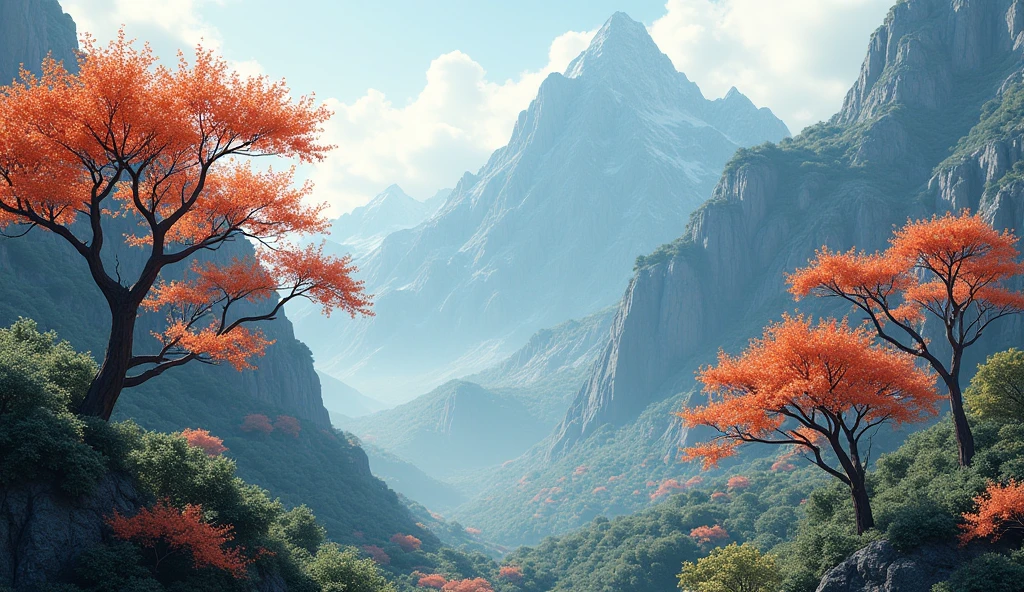 Front view,There is a mountain,There are many ash trees growing on the mountain.,The yew tree has fruits similar to persimmons.(best quality,4K,8k,High level,masterpiece:1.2),Ultra Detailed,(lifelike,Photo real,Photo real:1.37)