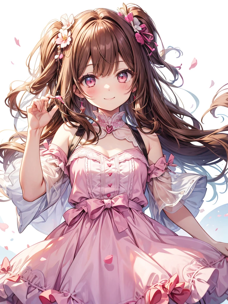 Half body illustration, A girl smile happy, cute, one girl, candy, sweets, brown hair, white pink dress, white background,