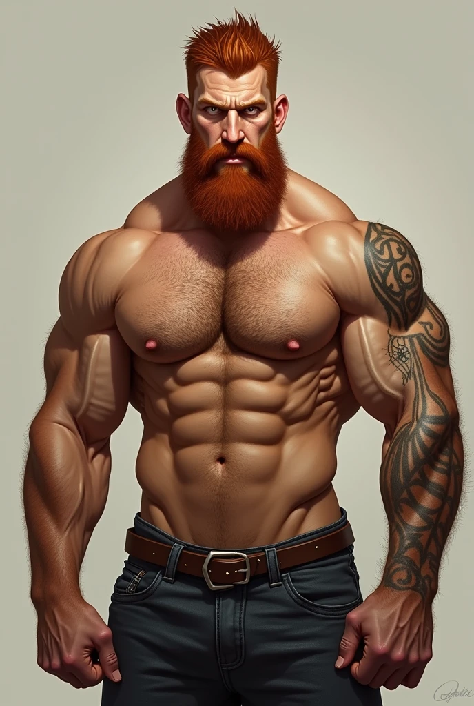 A male, with very strong and veined arms, hairy chest, with marked abdomen, a very penetrating look, eyes the color of honey, with beard, a tattoo on the left elbow of a spider web, redhead, with a marked penis