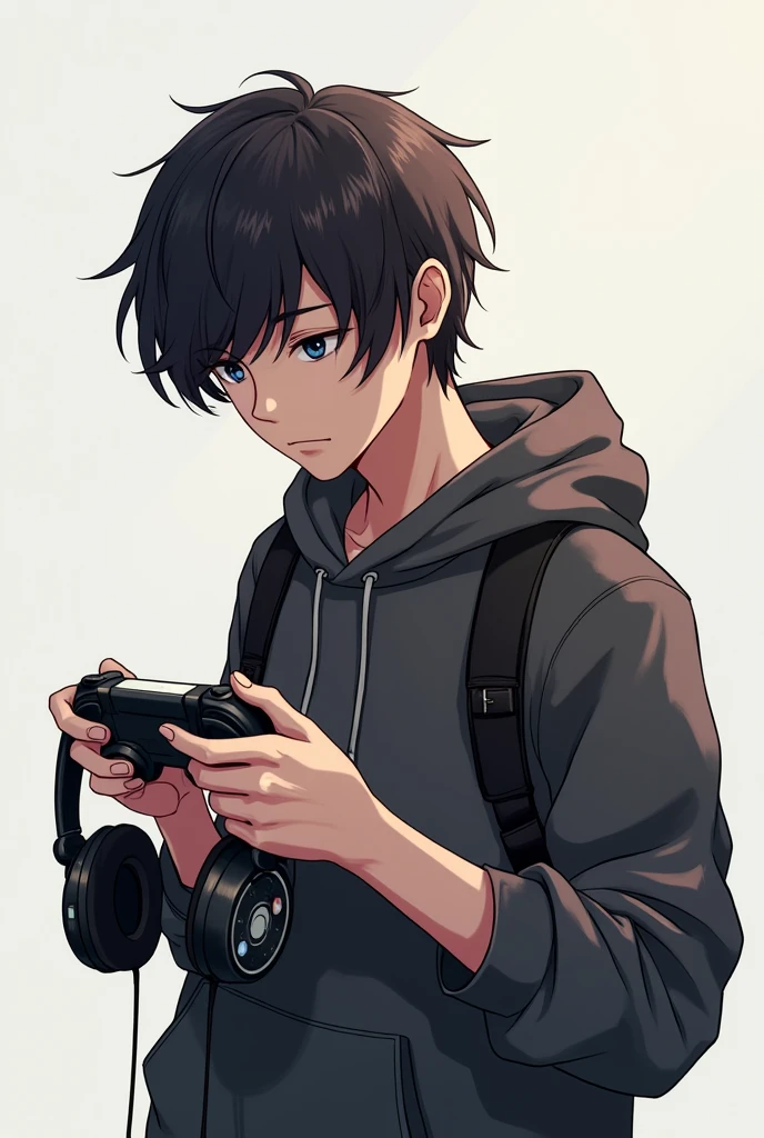 Character with head down with headphones in hand and a controller
