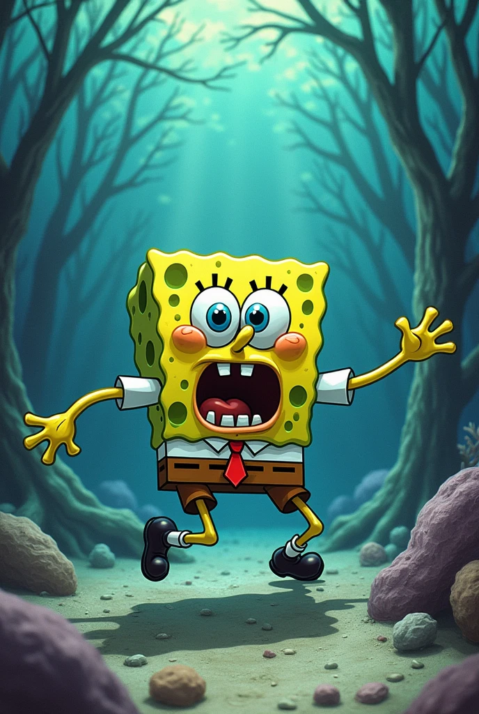 Spongebob falling scared into a reality glitch