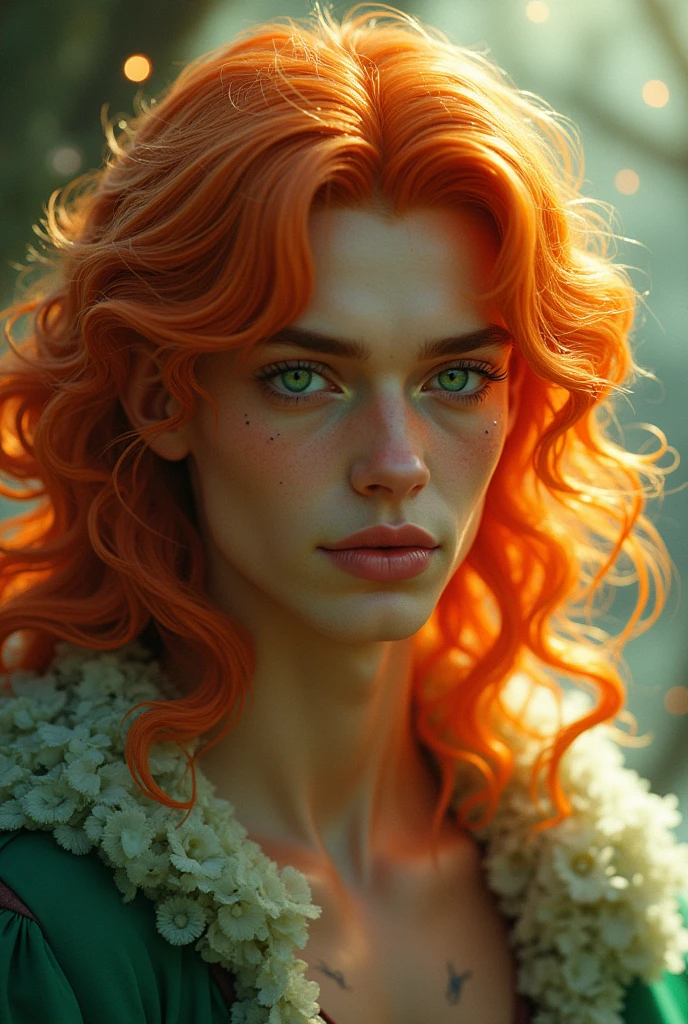 High fairy,orange skin green eyes , long hair , plump lips prince man