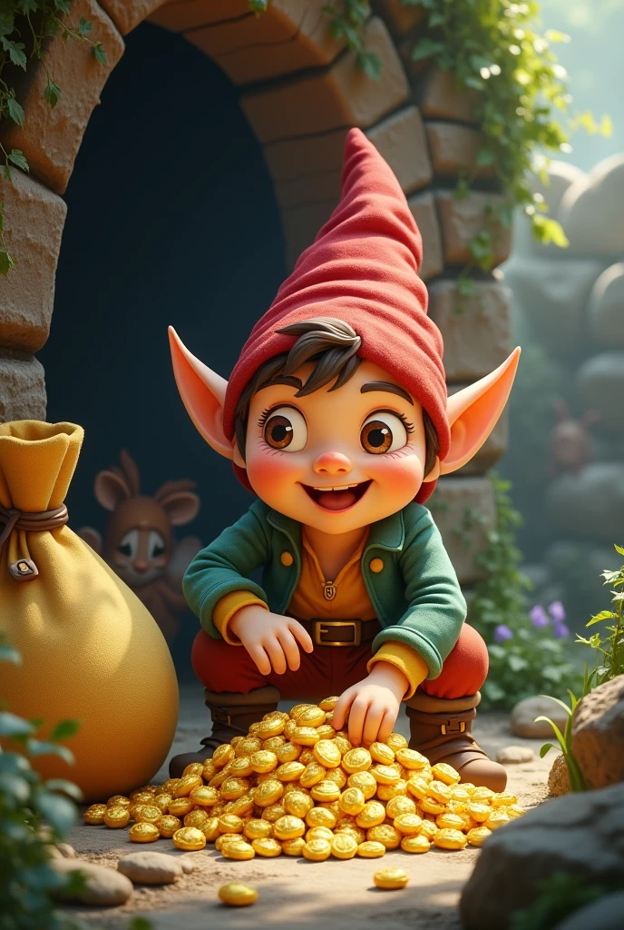 make a gnome who found a bag of gold in a semi cartoonish resov,let him be surprised and make him look like he&#39;s 20,and there was a bag 

