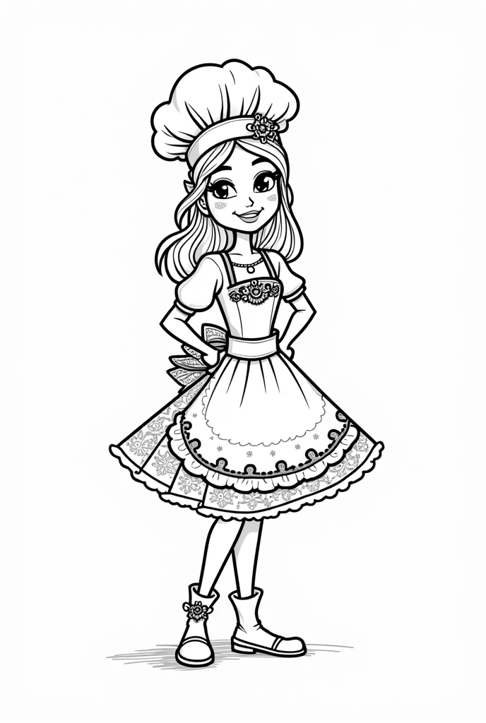 Stress-free coloring, page with image of princess chef  ,  style cartoon, linhas grossas, uncolored, totally white background, only lines. Beautiful appearance.